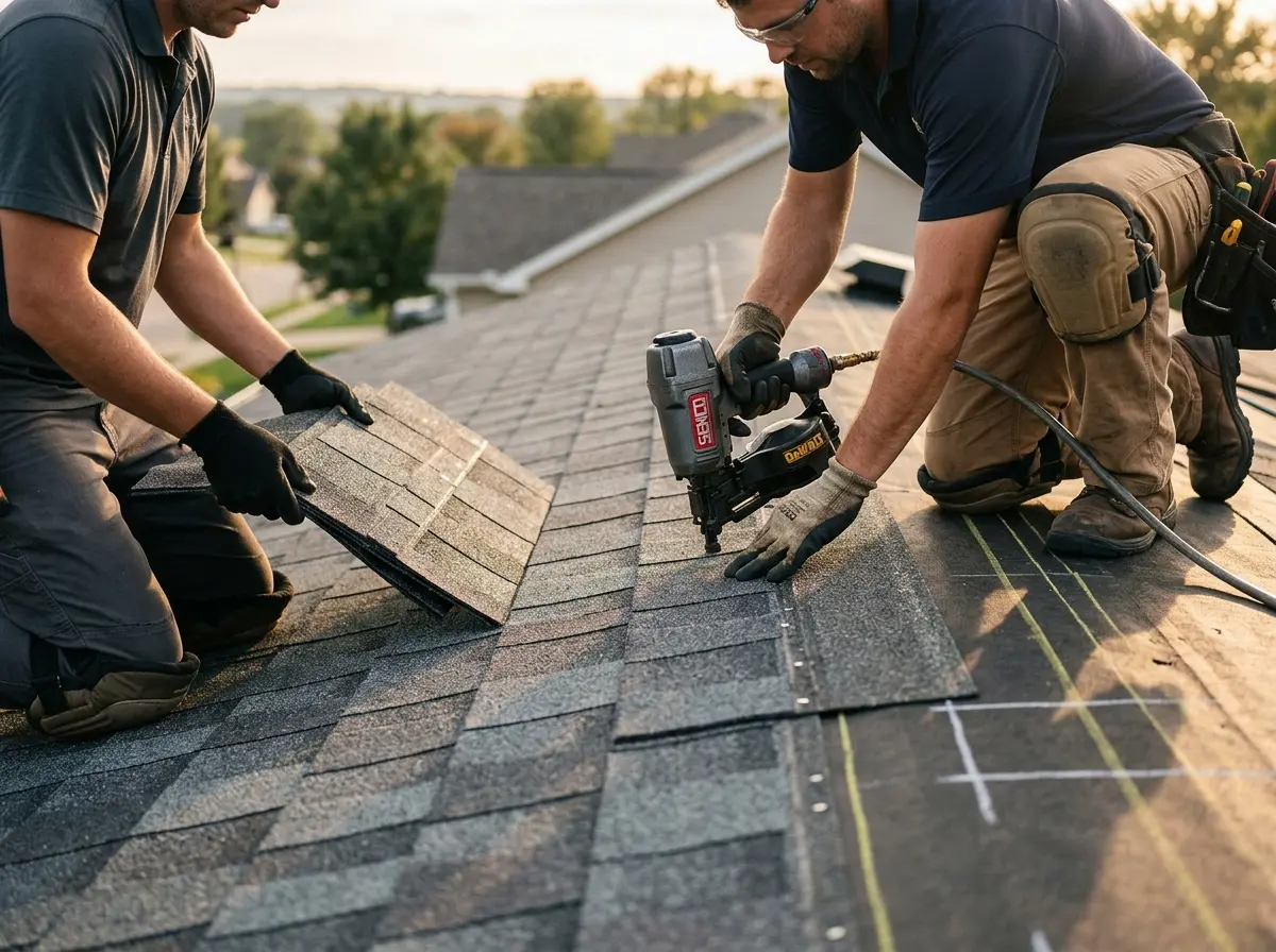Professional roofer working on a residential roof in Rathdrum